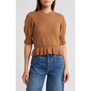 Paige Sabelina 3/4 Sleeve Merino Wool Cashmere Sweater Top Dark Caramel Brown XL